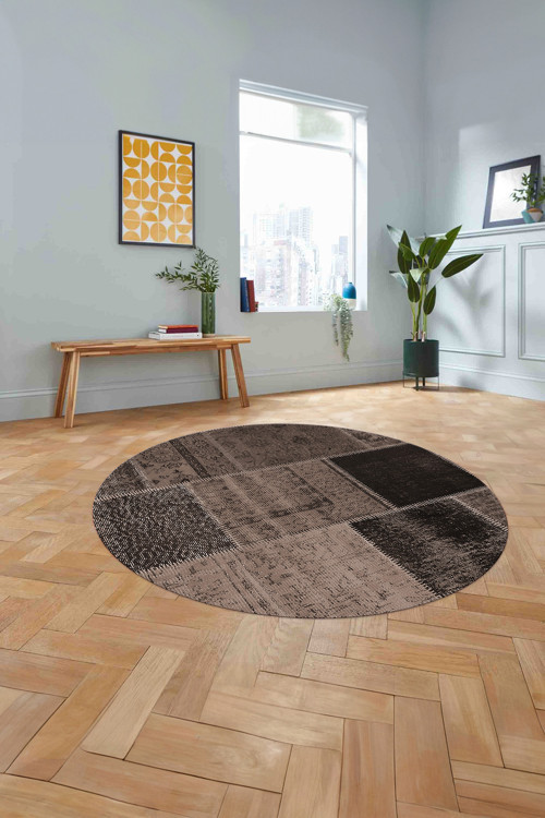 Baskılı Patchwork Etnik Görünümlü Yıkanabilir Kaymaz Taban Yuvarlak Salon Halısı