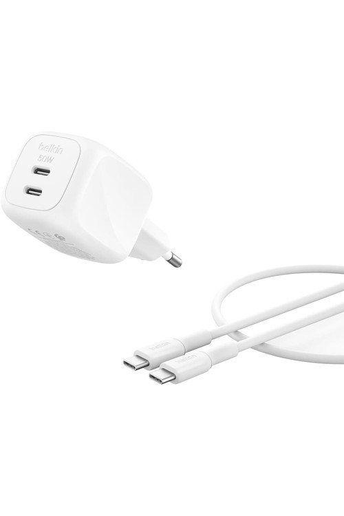 BoostCharge Pro 2 Portlu USB-C GaN Şarj Cihazı 50 W, 1M USB-C Kablo Dahil, Beyaz