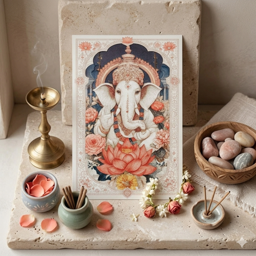Engel Kaldıran Lord Ganesha Tablosu - Şans ve Bilgelik Sembolü Ahşap Baskı - Hinduizm Sunak (Altar) Aksesuarı