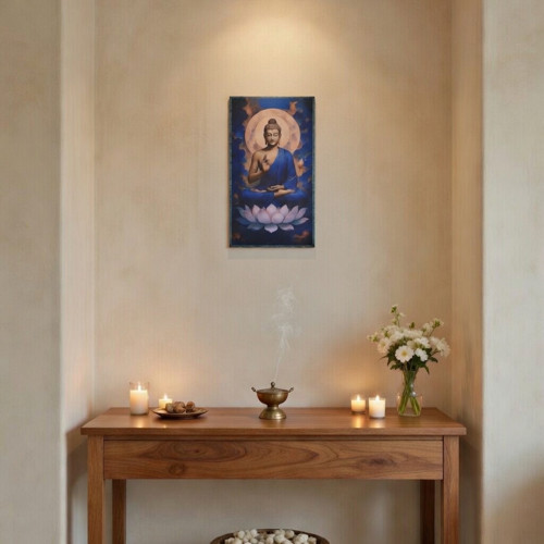 Lotus Üzerinde Buddha Ahşap Tablo - Zen & Meditasyon Duvar Dekoru - 16x28 cm Özel Baskı Spiritüel Sanat