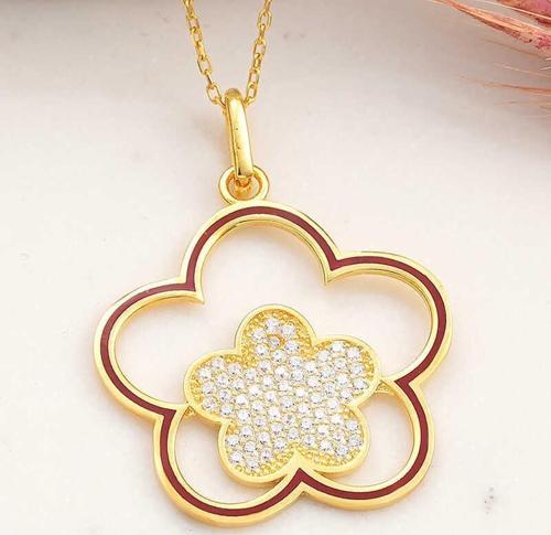 ​925 Ayar Gümüş Gold Çiçek Desenli Kadın Kolye