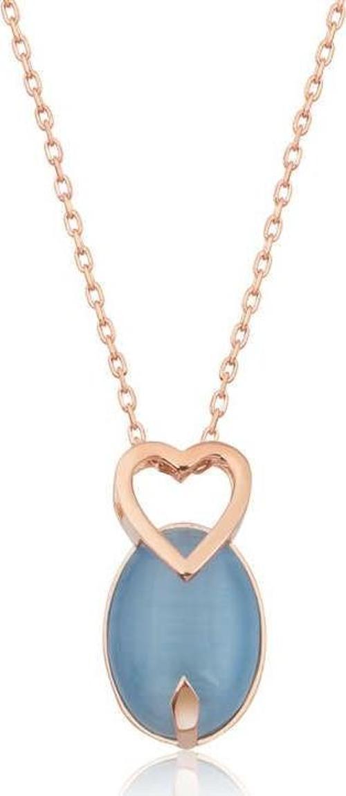 925 Ayar Gümüş Mavi Kedi Gözü Taşlı Kalp Kolye