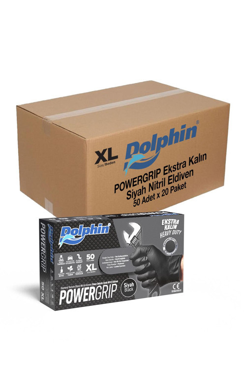 Nitril PowerGrip Ekstra Kalın Elmas Dokulu Eldiven Siyah XL Büyük Boy - 50'li 10 Paket
