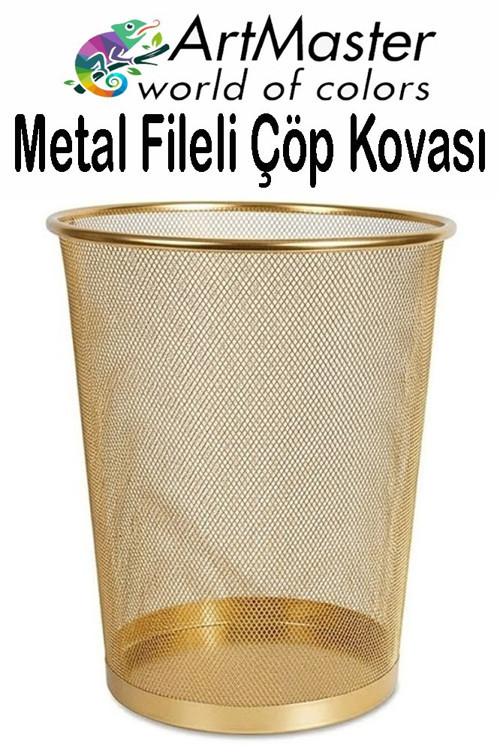 Altın Sarı Çöp Kovası Paslanmaz Çelik Fileli 1 Adet Ofis Büro Okul Çöp Kovası Metal Delikli Kolay Kullanım