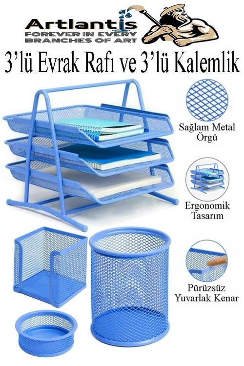 Mavi Metal Evrak Rafı 3 lü ve Masaüstü Kalemlik 3 lü 1 Paket Masaüstü A4 Dosya 3 Katlı Düzenleyici Kağıt Tepsisi