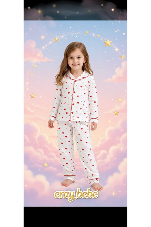 Kız Çocuk Kalp Desenli Pamuklu Uzun Kollu Pijama Takımı - Beyaz Kırmızı Kalpli