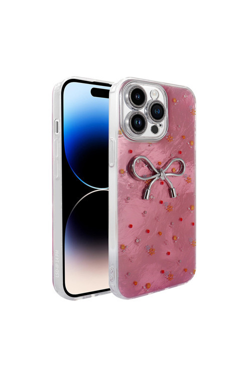 İphone 16 Pro Max İle Uyumlu Figürlü Ponti Silikon Telefon Kılıfı Pembe Kurdele