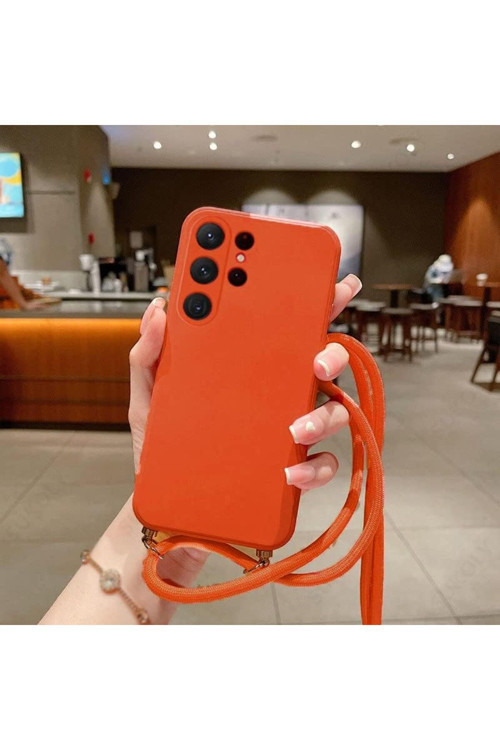 İphone 16 Plus İle Uyumlu İpli Boyun Askılı Silikon Kılıf Kadife İç Yüzeyli Epiphany Kılıf Turuncu