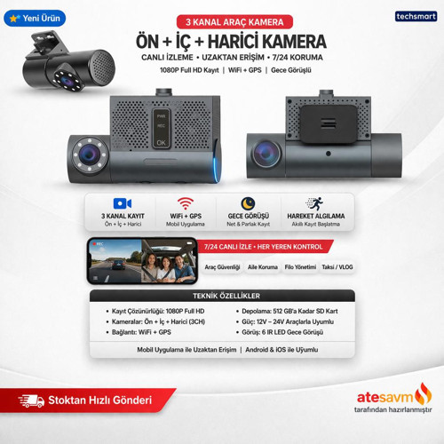 3 Kanal Araç Kamera Ön + İç + Harici 1080P Full HD WiFi GPS Gece Görüşlü Dash Cam