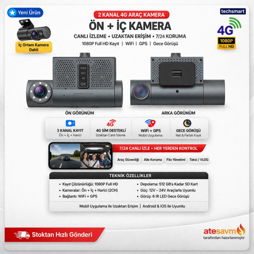 DAHİLİ 2 KAMERALI 4G + H265 MOBİL ARAÇ KAMERA TCH-BK6MZH-2CH-4G