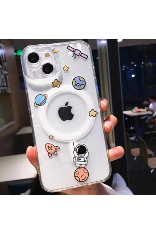 İphone 15 Pro Max İle Uyumlu Kılıf Wireless Şarj Magsafe İle Uyumlu Astronot Baskılı Pc Şeffaf