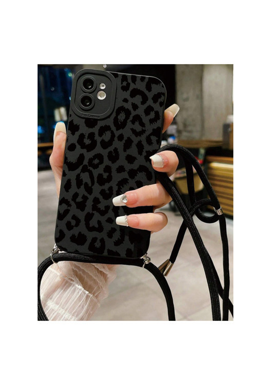 İphone 12 İle Uyumlu Özel Leopar Tasarımlı Kadife İç Yüzey İpli Boyun Askılı Silikon Kılıf-Cf01Siyah