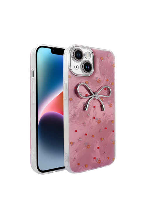 İphone 13 / 14 İle Uyumlu Figürlü Ponti Silikon Telefon Kılıfı Pembe Kurdele