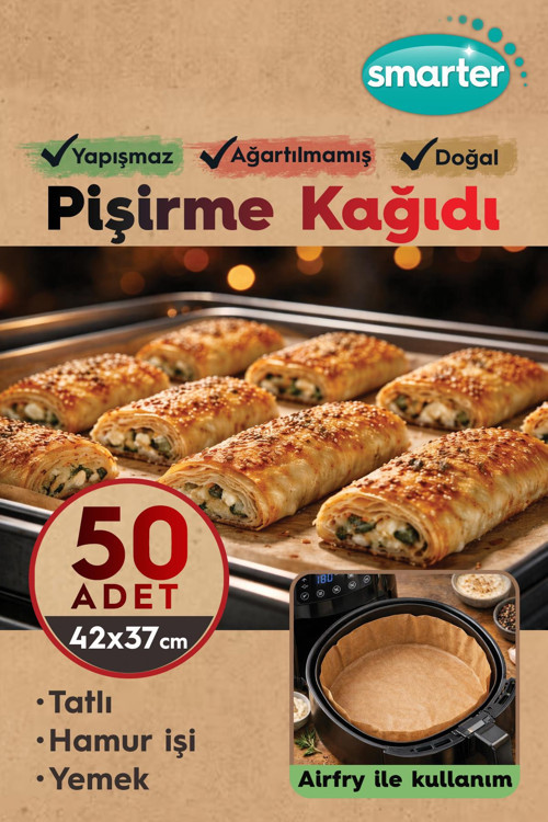 50 Adet Ağartılmamış Hazır Kesilmiş Pişirme Kağıdı Airfryer 42x37cm Yapışmaz