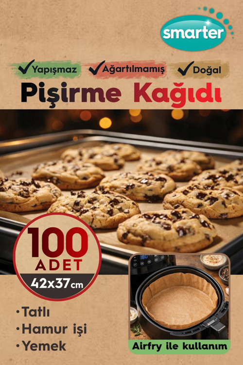 100 Adet Ağartılmamış Hazır Kesilmiş Pişirme Kağıdı Airfryer 42x37cm Yapışmaz