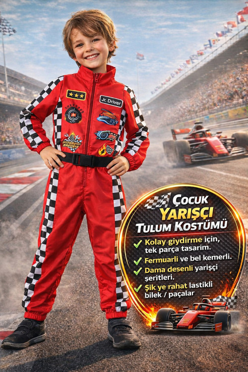 Kırmızı Renkli Yarışçı Doğum Günü Parti Çocuk Tulum Kostüm Seti Dama Desen Fermuarlı Kemerli 5-6 Yaş