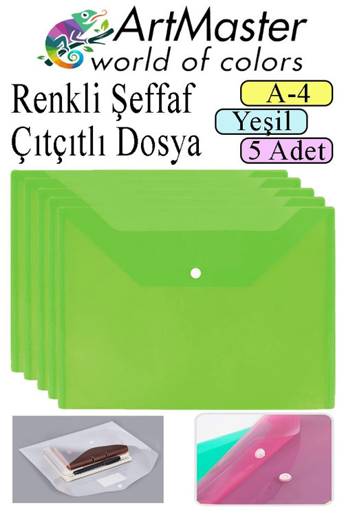 Yeşil A4 Çıtçıtlı Dosya Şeffaf Renkli Zarf Dosya 5 Adet Çıt Çıtlı Dosya Su Geçirmez 100 Yaprak Kapasite