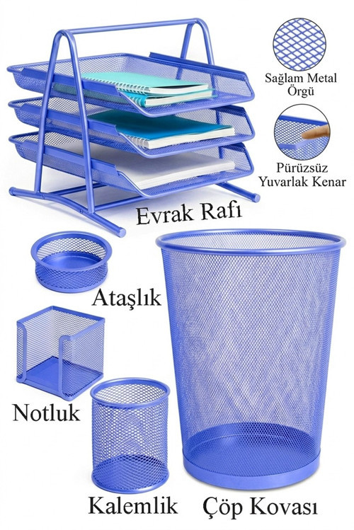 Mavi Metal Evrak Rafı 3 lü ve Masaüstü Kalemlik 1 Paket Masaüstü A4 Dosya 3 Katlı Düzenleyici Kağıt Tepsisi Metal