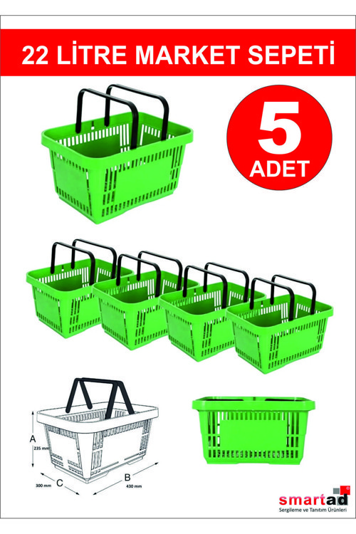 Dekorlife 22 Litre 5 Adet Market Sepeti, Alışveriş Sepeti, Saplı Market Sepeti Yeşil