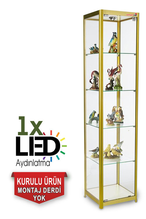 1753S Gold Renk Camlı Vitrin , Spotlu - Camlı Kozmetik Dolabı 175X30X30