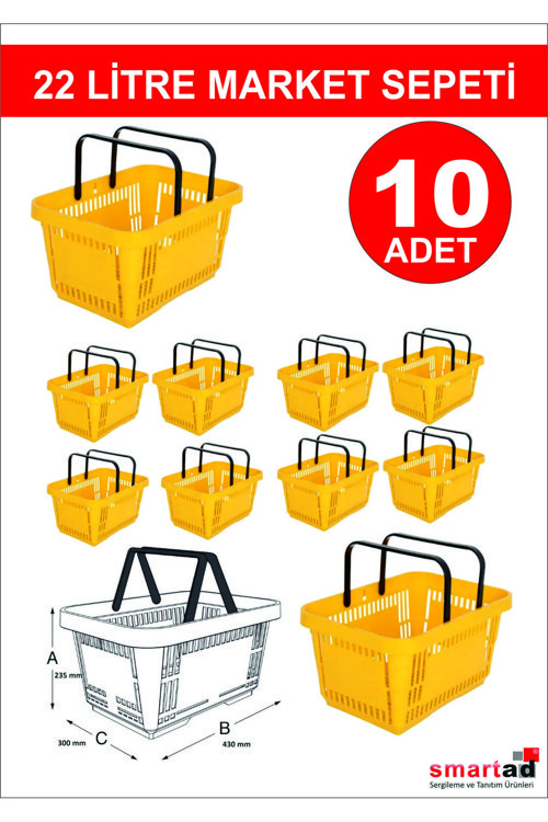 Dekorlife 22 Litre 10 Adet Market Sepeti, Alışveriş Sepeti, Saplı Market Sepeti Sarı