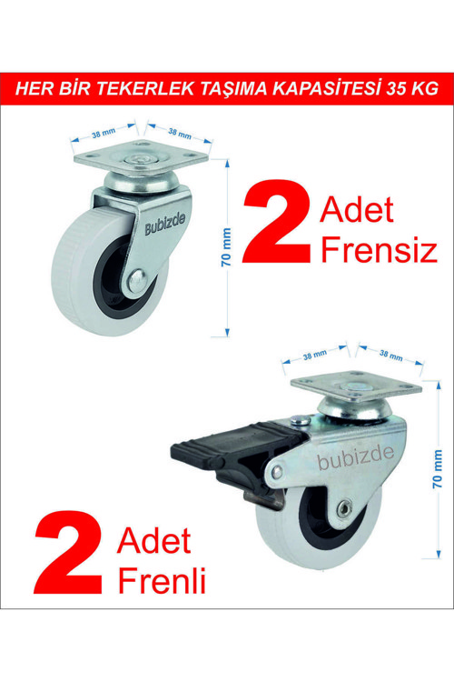 Dekorlife Döner Tablalı 50Lik Masa Dolap Sehpa Raf Mobilya Tekeri 2 Adet Frenli - 2 Adet Frensiz 4 Adet