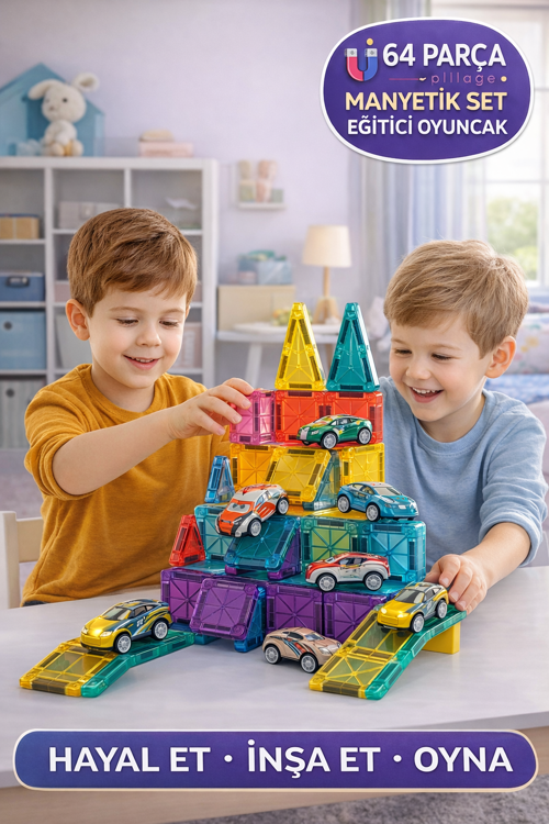 64 Parça Mini Manyetik Blok Eğitici Oyuncak Seti | 3D Yapı Oyunu, Zeka Geliştirici