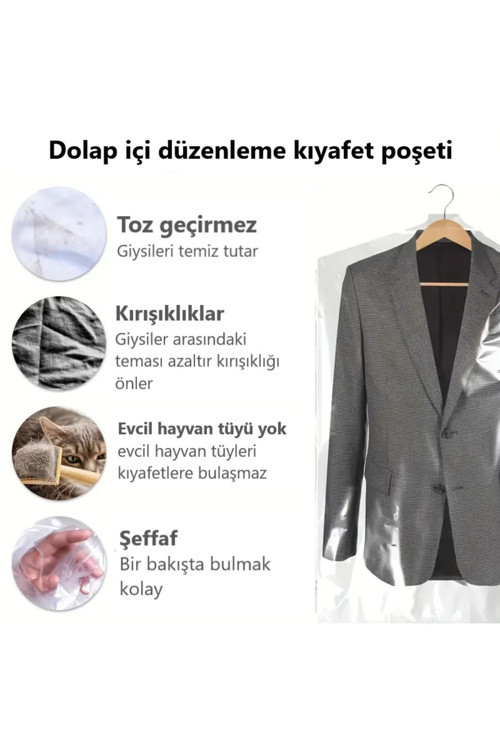 Jokeyambalaj Gardırop İçi Askılık Yuvalı 60X120Cm Kuru Temizleme - Dolap İçi Şeffaf Saklama Naylonu (10Adet)