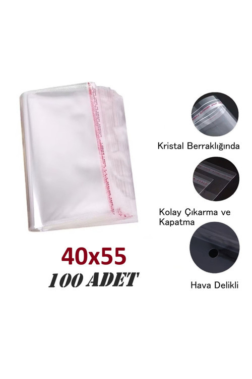 JokeyAmbalaj 100 Adet (40x55+5) Opp Jelatin Bantlı Yapışkanlı Naylon Poşet