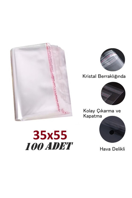 JokeyAmbalaj 35x50+5 Berrak O.p.p. Toz Tutmayan Yapışkan Bantlı Saklama Poşeti (100 Adet)