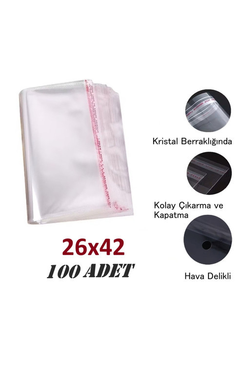 JokeyAmbalaj 26x37+5 Berrak O.p.p. Toz Tutmayan Yapışkan Bantlı Saklama Poşeti (100 Adet)