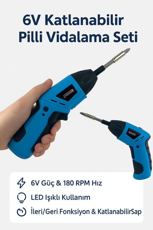 Pilli Tornavida 6V, 180Rpm, Led Işıklı, Katlanabilir Saplı, İleri/Geri Fonksiyonlu | Kcs-615