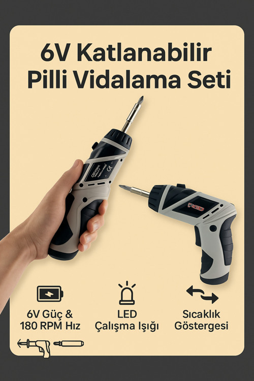 Kablosuz Tornavida 6V, 180Rpm, Led Işıklı, Katlanabilir Gövde, İleri-Geri Fonksiyonlu | Kcs-616