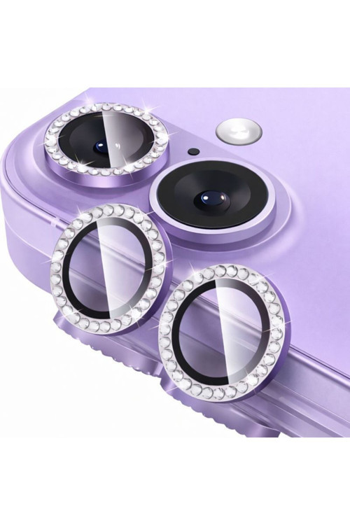 İphone 17 İle Uyumlu Parlak Taşlı Lavanta Özel Tasarım Kamera Lens Koruyucu