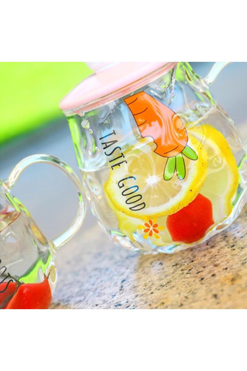 Taste Good Havuç Desenli Tavşan Figürlü Cam Pipetli Kapaklı Cam Bardak Kupa Dekoratif Hediyelik