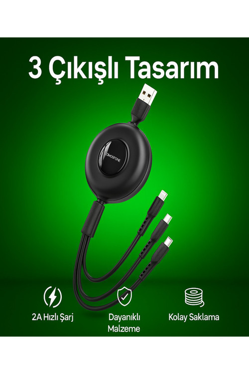 3İn1 Şarj Kablosu Type-C Lightning Micro Usb, 1M, 2A Hızlı Şarj, İphone 17 İle Uyumlu | Bx74