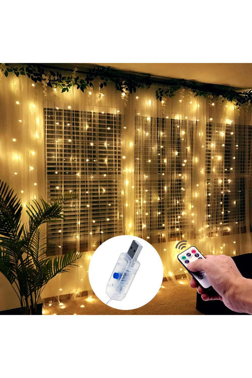 Led Perde Işık 5M Sarı – Kornişe Takılabilir Usb Güçlü, 10 Halkalı Bakır Tel, Uzaktan Kumanda
