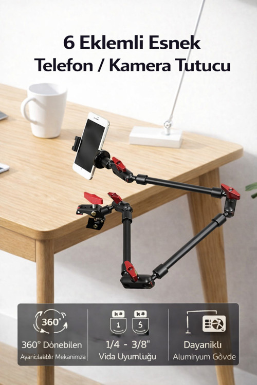 Profesyonel 6 Eklemli Montaj Kolu 20-80Cm Alüminyum 360° Dönebilen Telefon Kamera Le777