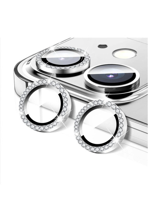 İphone 11 / 12 / 12 Mini İle Uyumlu Parlak Taşlı Gümüş Özel Tasarım Kamera Lens Koruyucu