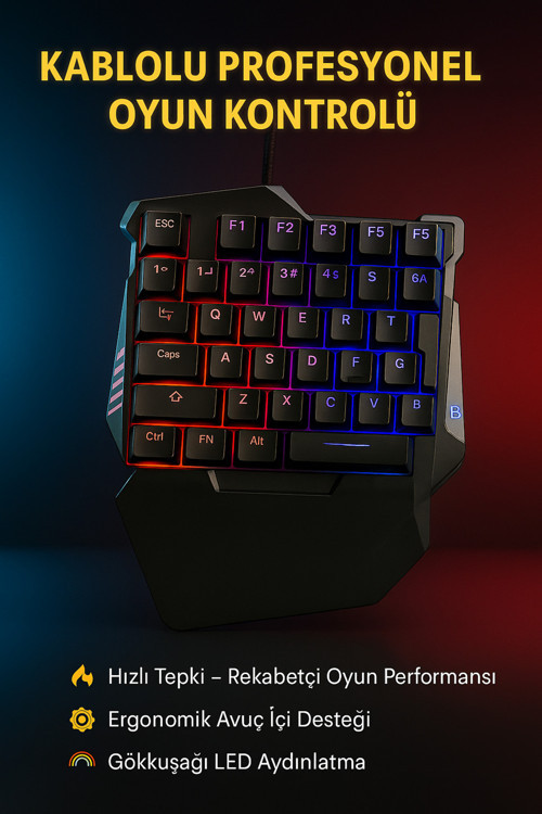 Tek Elle Oyun Klavyesi – 35 Tuşlu, Ergonomik, Led Işıklı, Windows/Android/İos Uyumlu | G7