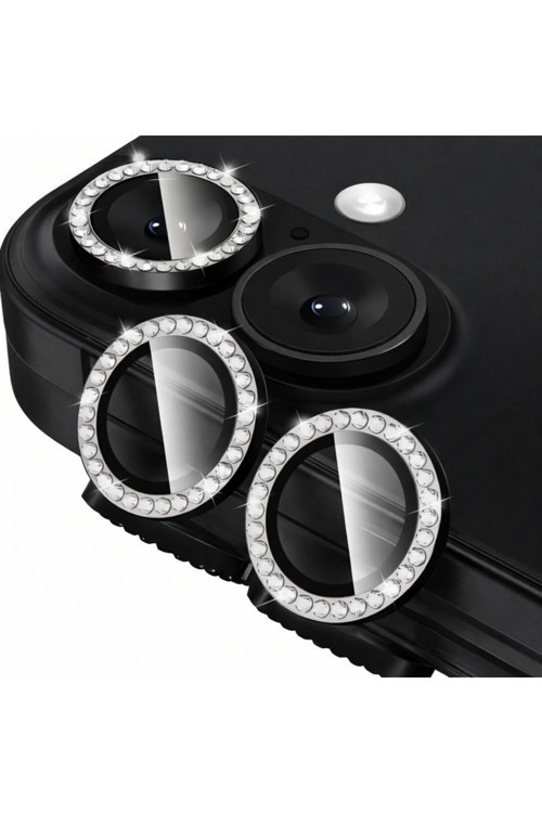 İphone 17 İle Uyumlu Parlak Taşlı Siyah Özel Tasarım Kamera Lens Koruyucu