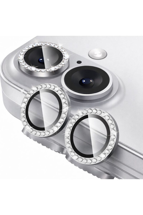 İphone 17 İle Uyumlu Parlak Taşlı Gümüş Özel Tasarım Kamera Lens Koruyucu