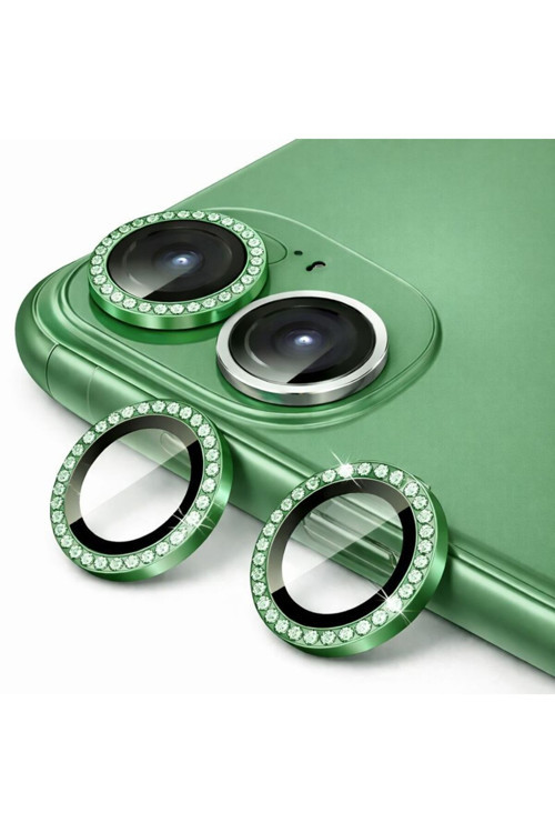 İphone 11 / 12 / 12 Mini İle Uyumlu Parlak Taşlı Yeşil Özel Tasarım Kamera Lens Koruyucu