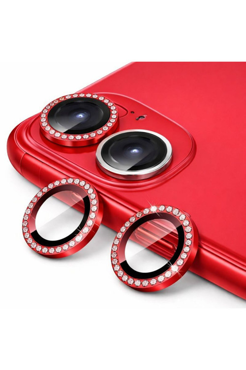 İphone 11 / 12 / 12 Mini İle Uyumlu Parlak Taşlı Kırmızı Özel Tasarım Kamera Lens Koruyucu