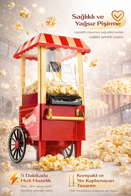 Patlamış Mısır Makinesi Yağsız Popcorn 5 Dakikada Hazır Evde Sinema Şeffaf Kapaklı | Mp85A