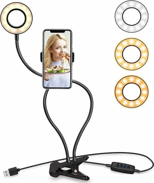 Led Ring Light Youtuber Stüdyo Işığı Akrobat Selfie Led Masa Lamba 3 Renk Işıklı 2İn1 Telefon Tutucu