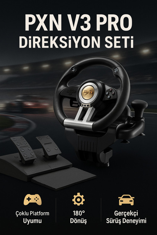 Direksiyon Seti – 180° Dönüş, Çift Motor Titreşim, Pedal Ve Vitesli Oyun Direksiyonu | Pxn V3 Pro