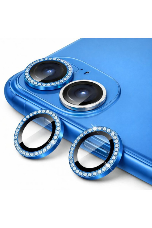 İphone 11 / 12 / 12 Mini İle Uyumlu Parlak Taşlı Mavi Özel Tasarım Kamera Lens Koruyucu