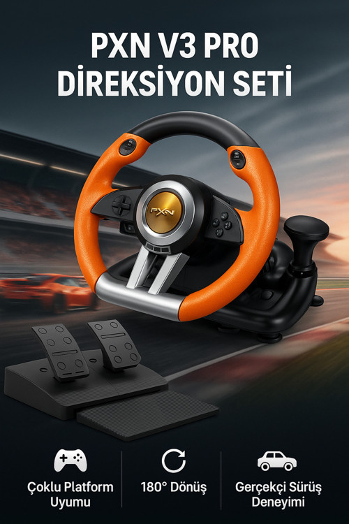 Direksiyon Seti – 180° Dönüş, Çift Motor Titreşim, Pedal Ve Vitesli Oyun Direksiyonu | Pxn V3 Pro