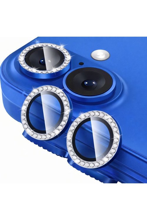 İphone 17 İle Uyumlu Parlak Taşlı Mavi Özel Tasarım Kamera Lens Koruyucu
